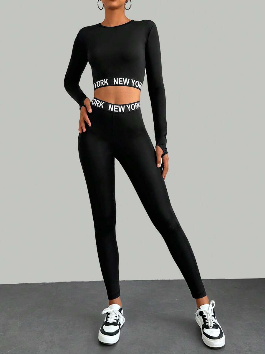 RueChic Letter Graphic Thumb Holes Crop Tee & Leggings - Black - View 1