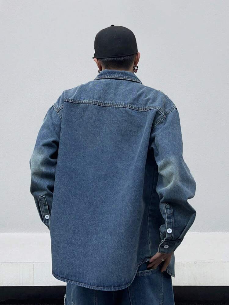 Men's Graffiti Printed Drop Shoulder Denim Shirt