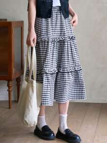 FRIFUL 女士格子荷叶边半身裙 - 黑與白 - 查看 3