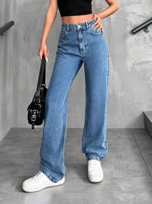 EURMUSE Women's Mid-Rise Straight Leg Jeans - Blue - View 4