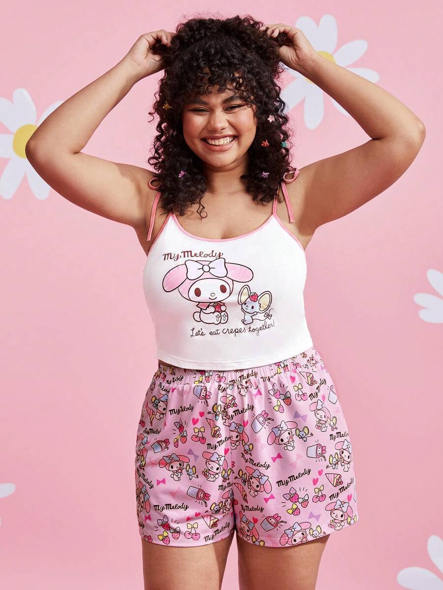 HELLO KITTY AND FRIENDS | SHEIN Women Plus Cute Cartoon Print Pink Pajama Set For Summer And Spring - Multicolor - View 1