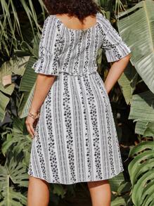 SHEIN Clasi Plus Size Floral Printed Flounce Sleeve Shirred Panel Dress - Multicolor - View 2