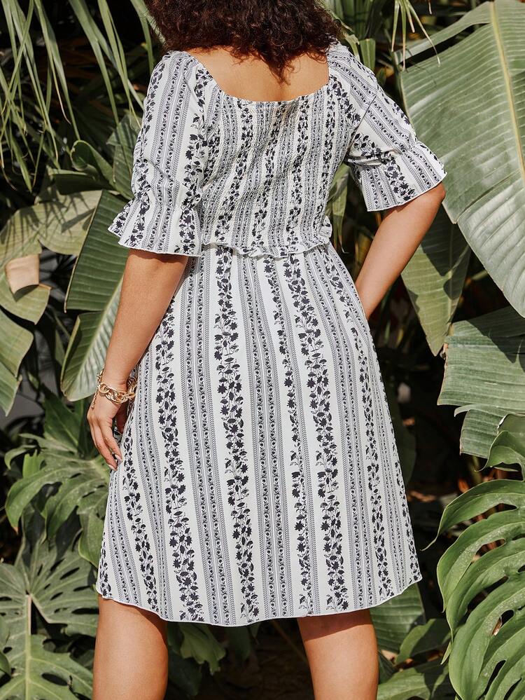 Plus Size Floral Printed Flounce Sleeve Shirred Panel Dress