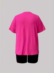 SHEIN LUNE Plus Size Women's Letter Printed Short Sleeve T-Shirt And Cycling Shorts Two-Piece Set - Hot Pink - View 2