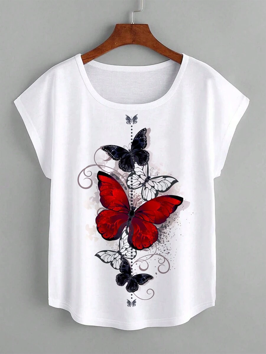 INAWLY Butterfly Printed Batwing Sleeve T-Shirt Graphic Tees Women Tops - White - View 1