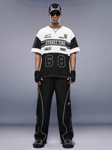 Claim Dot 男式字母贴花细节撞色滚边翻盖口袋侧边工装裤，长款宽松裤，适合送给丈夫、男朋友的礼物 - 黑色 - 查看 3