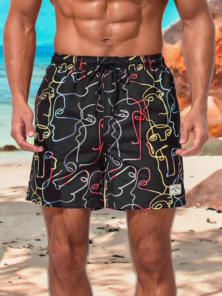 Men's Abstract Print Drawstring Waist Beach Shorts