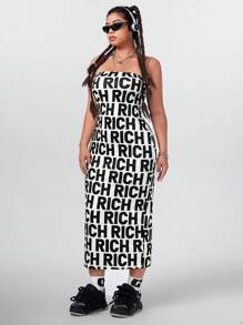 SHEIN Coolane 大尺碼女士黑白字母紋無肩帶長裙 - 黑與白 - 查看 4