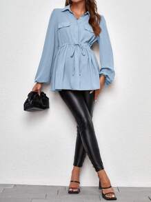 SHEIN Maternity Lantern Sleeve Shirt With Flap And Drawstring Waist Detail - Baby Blue - View 3
