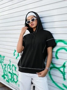 Street Sport Drawstring Hooded Short Sleeve T-Shirt With Visible Stitching