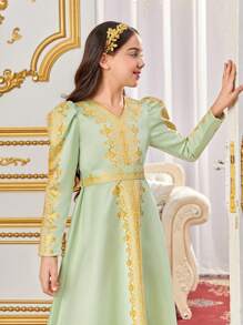 SHEIN Tween Girls' Merging Cute V-Neck Floral Pattern Long Sleeve Dress - Green - View 3