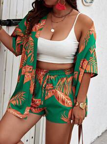 SHEIN Clasi Plus Size Boho Random Printed Drop Shoulder Sleeve Top And Shorts Two Pieces Set, For Summer - Green - View 4