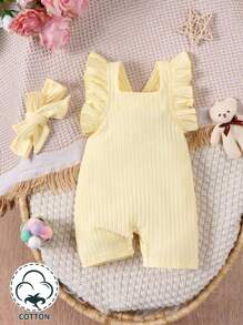 SHEIN Baby Girl Solid Color Ruffle Decor Ribbed Romper