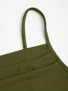 Sweetra Solid Color Pleated Mermaid Style Cami Dress Maxi Women Outfit - Army Green - View 4