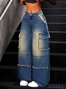 SHEIN ICON Women's Vintage Style Raw Hem Wide Leg Jeans With Utility Pockets - Blue - View 4