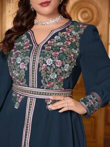 Plus Size Elegancka haftowana naszywka z kwiatowym wzorem Splice Skromna sukienka z długim rękawem, kaftan - Niebieski - Zobacz 3