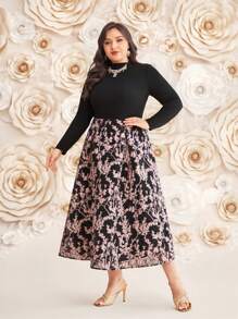 Modelyn Plus Size Solid Color Top And Floral Print Skirt Two-Piece Set 2 Piece Set