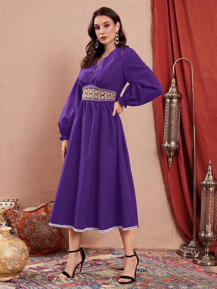 Women's Lantern Sleeves A-Line Dress With Waist Gathers And Patterned Patchwork