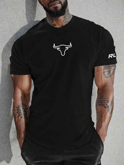 Manfinity Fitness Boyfriend Style Men's Letter & Bull Head Sporty Printed Short Sleeve T-Shirt Workout Tops Basic T Shirt Workout Clothes Running Tees & Tanks Workout Tops Breathable Fitted Shirt Crew Neck