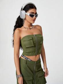 SHEIN EZwear 多口袋工裝背帶褲上衣 - 軍綠色 - 查看 6