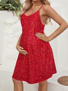 SHEIN Maternity Sequin Cami Dress - Red - View 2