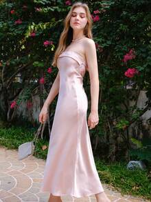 Váy ống hở lưng bằng vải satin trơn màu thanh lịch dành cho nữ, mùa hè - Hồng - Xem 8