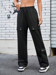 SHEIN Sports 純色高腰蓋翻細節直筒運動褲,彈性腰帶 - 黑色 - 查看 1