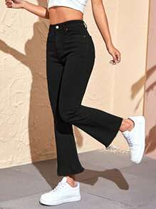 SHEIN EZwear Solid Flare Leg Jeans - Black - View 4