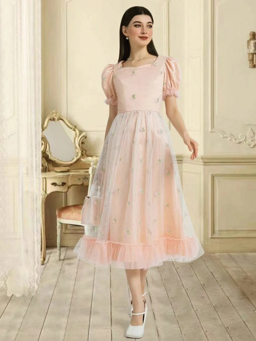 Thêu hoa Ống tay áo Thanh lịch Lưới Đầm - Hồng - Xem 1