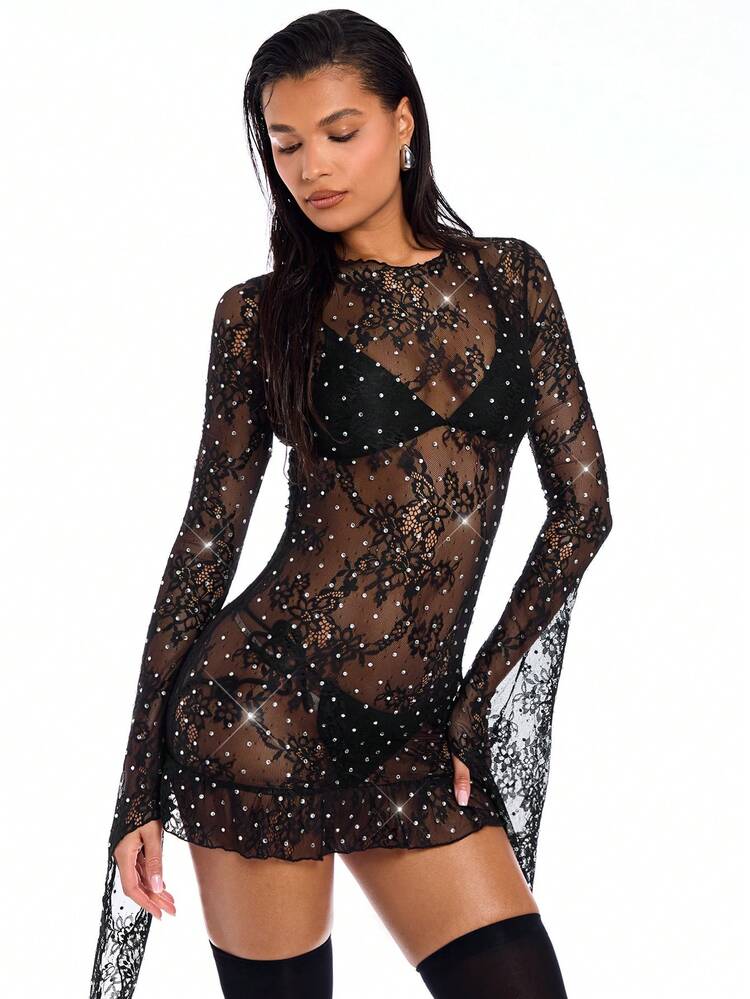 Women's Lace Perspective Rhinestone Decor Trumpet Sleeve Dress