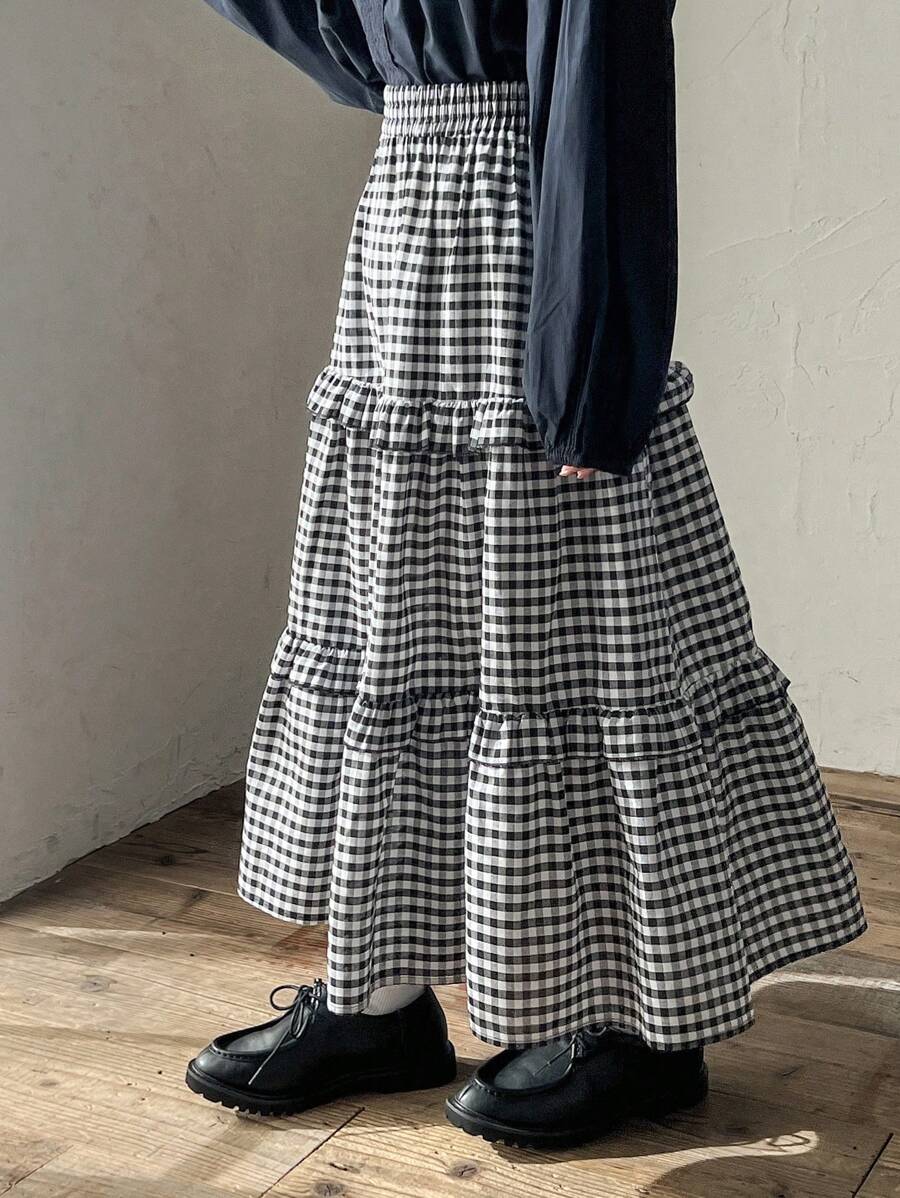 FRIFUL 女士格子荷叶边半身裙 - 黑與白 - 查看 1