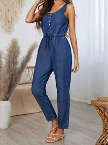 SHEIN LUNE 女式牛仔背帶褲連身裝 - 藍色 - 查看 5