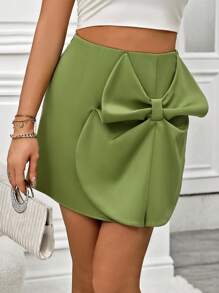 SHEIN Privé 女裝實色3d蝴蝶結細節迷你裙 - 綠色 - 查看 1