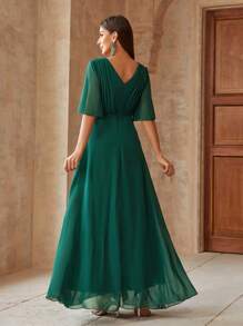 SHEIN Belle Vestido Longo Elegante Decote em V com Bordado e Aplicação na Cintura Marcada para Mulheres - Verde Escuro - Visão 2