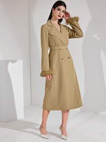 Modelyn Women'S Double-Breasted Hairball Cuff Trench Coat With Patchwork Design - Khaki - View 4