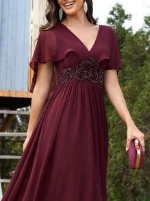 XUIBOL Handmade Beaded Embroidery Decorated V-Neck Chiffon A-Line Formal Evening Dress (Heavy Decor) Party Dress Wedding Guest Dress,Gown - Burgundy - View 4