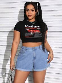 SHEIN EZwear Rozmiar Plus Damski Luźny krój Z mankietami Spodenki dżinsowe - Jasny jeans - Zobacz 5