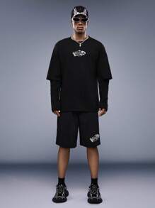 Mainfolk Men's Letter Printed Hollow Out Sleeve T-shirt With Shorts Set - Black - View 7