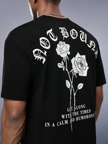 AXEPEAK Men Rose & Slogan Graphic Tee - Black - View 4