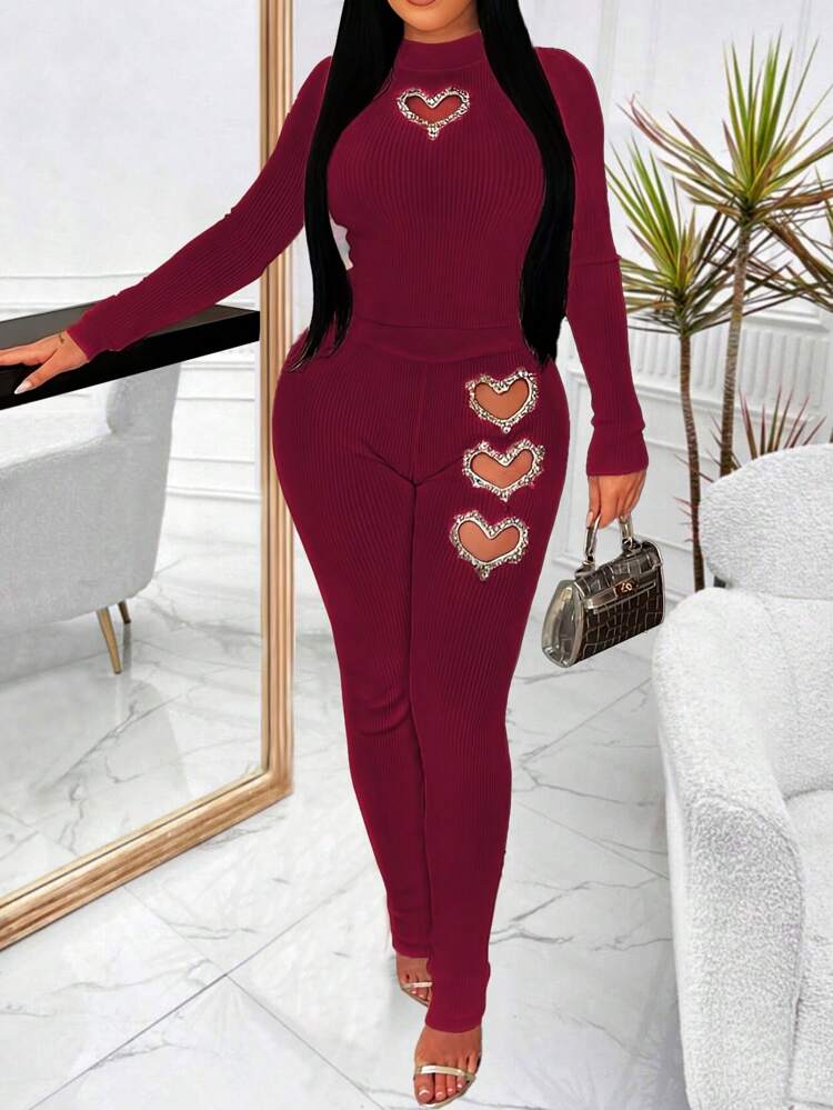 Women's Hollow Out Heart Shaped Sparkling Red Jumpsuit Unitard