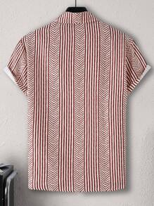 Manfinity Homme Men's Short Sleeve Shirt With Geo Pattern, Slim Fit Button Up Collar Graphic Shirt, Men Retro Shirt, Men Stripe Button Up Shirt, Cuban Shirt Men, Men's Beach Shirt - Red - View 2