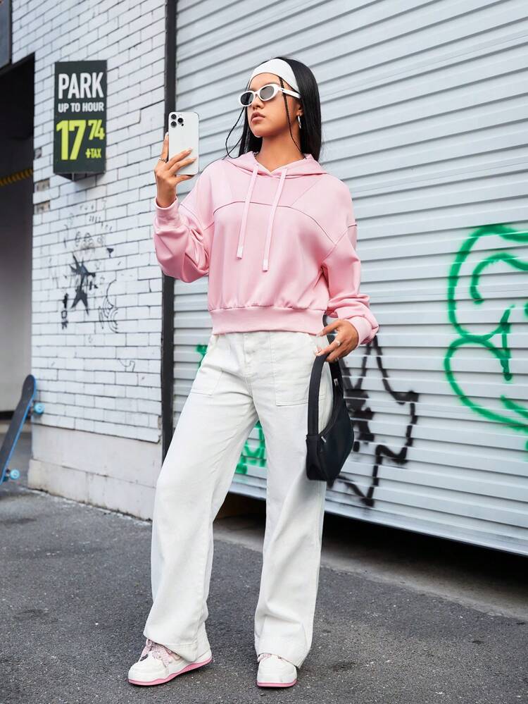 Drop Shoulder Drawstring Hooded Sportswear Sweatshirt