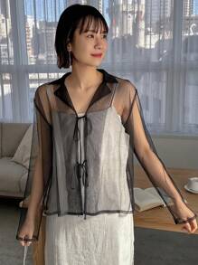 FRIFUL Designer Áo thun nữ tay dài mỏng và trong suốt có thắt lưng với thiết kế tinh tế - Màu xanh lam - Xem 3