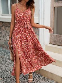 SHEIN Frenchy Abito estivo con stampa floreale, spacco laterale e spalline, perfetto per vacanze e tempo libero, realizzato in materiali stampati confortevoli - Multicolore - Visualizzare 5