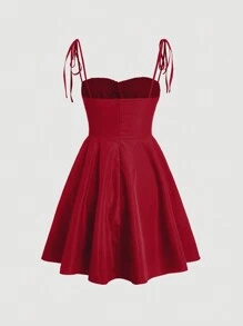 SHEIN MOD 纯色系带吊带连衣裙 - 紅色 - 查看 2