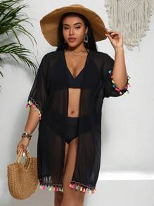 SHEIN Swim Curve Kích thước lớn Của phụ nữ Viền tua Cổ tay áo Kimono Với Vá lại Thiết kế - màu đen - Xem 1