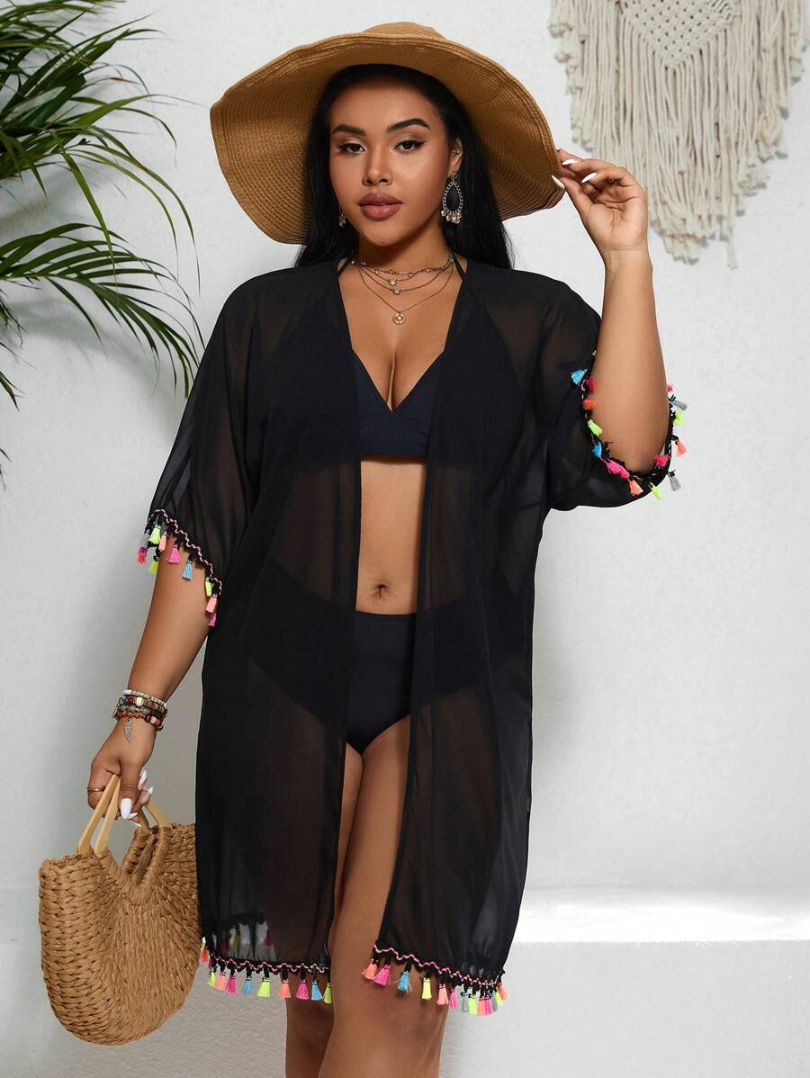 SHEIN Swim Curve Kích thước lớn Của phụ nữ Viền tua Cổ tay áo Kimono Với Vá lại Thiết kế - màu đen - Xem 1