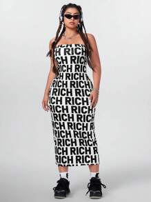 SHEIN Coolane 大尺碼女士黑白字母紋無肩帶長裙 - 黑與白 - 查看 3