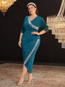 Modelyn Robe Drapée Ruchée Grande Taille À Paillettes Et Franges