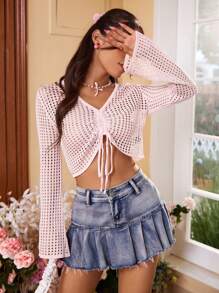 SHEIN Qutie 女士镂空长袖褶皱毛衣 - 藕粉色 - 查看 4